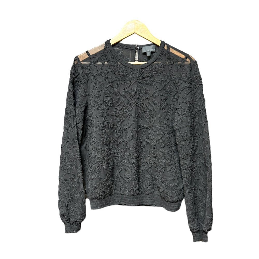 Intermix Womens Blouse Size Small Black Textured Lace Raw Silk Long Sleeve